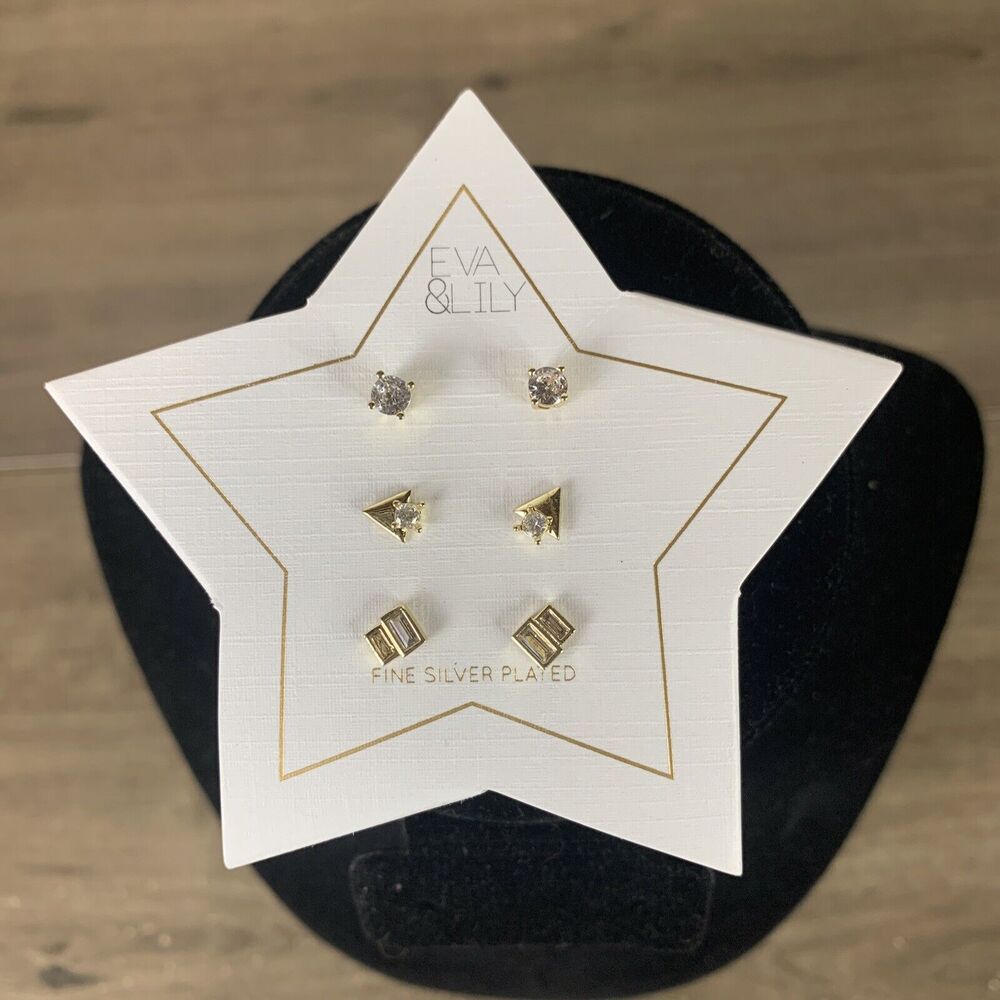 Eva & Lily Fine Silver Plated Post Stud Earrings Gift Set 3-Pairs Rhinestones